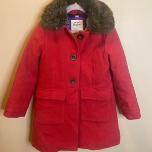 Mini Boden red wool girls winter coat with detachable faux fur collar size 4-5